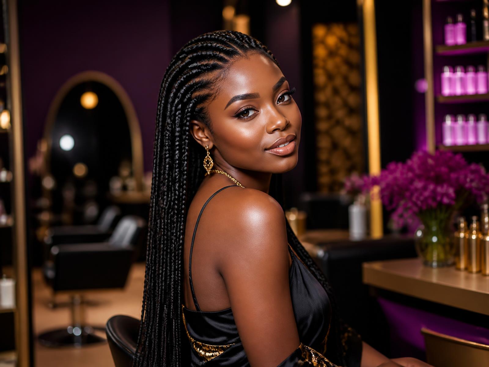 Client with beautiful long braids at Pretty Salon in Providenciales